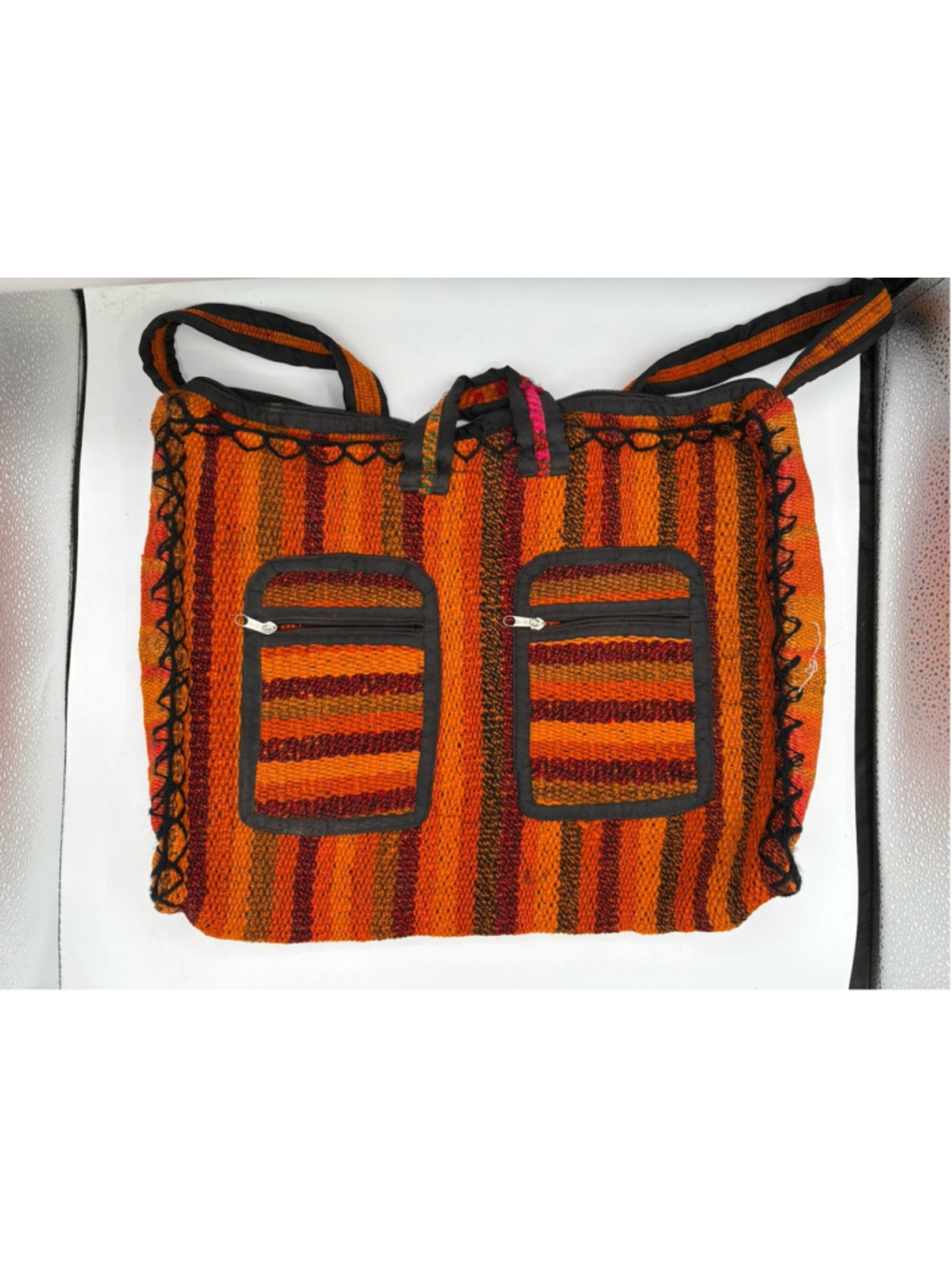Very Large Handmade Crochet/Woven Shoulder Tote Bag Zipper Pocket 70's Orange - Picture 1 of 6